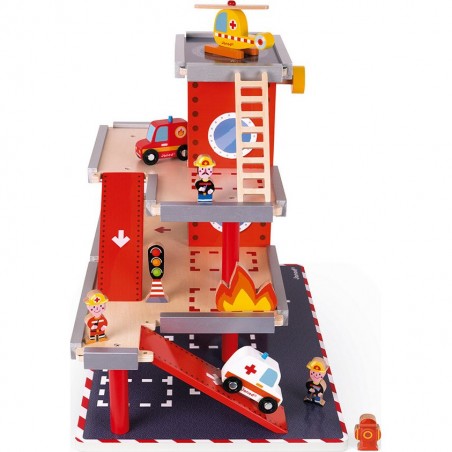 Garage en bois jouet, Caserne de pompiers Janod avec 10 accessoires