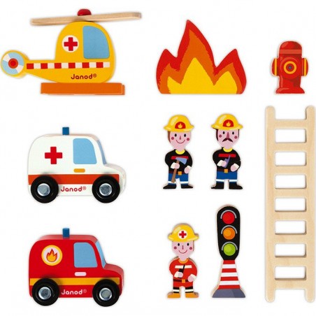 Garage en bois jouet, Caserne de pompiers Janod avec 10 accessoires