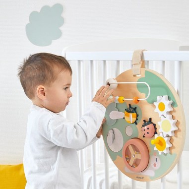 Panneau activités en bois bébé 12 mois, jouet éveil motricité - Janod