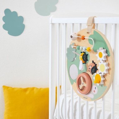 Panneau activités en bois bébé 12 mois, jouet éveil motricité - Janod