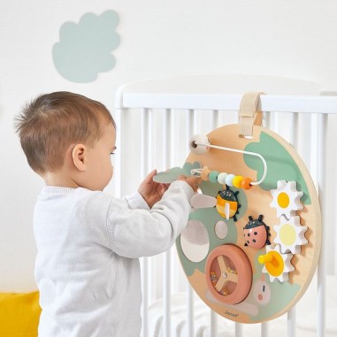 Panneau activités en bois bébé 12 mois, jouet éveil motricité - Janod
