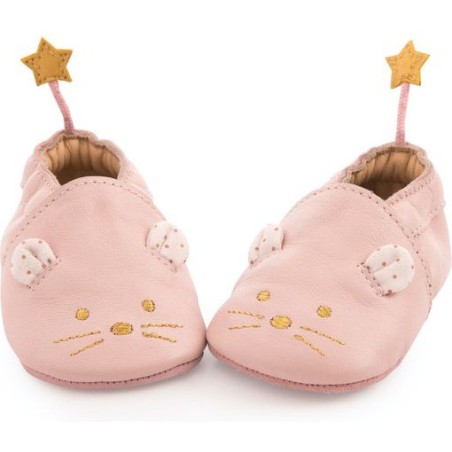 Chaussons cuir souris rose Il était une fois 6/12 m - Moulin Roty