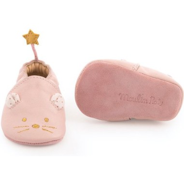 Chaussons cuir souris rose Il était une fois 18/24 m - Moulin Roty
