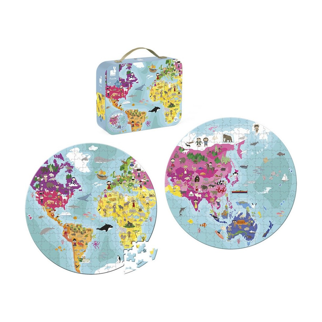 Puzzle Valise Carte du Monde - Double Face - 208 pièces - Janod