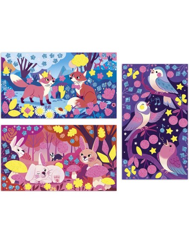 Kit Créatif - Stickers Mousse Sables Fluo Amis de la Forêt : Sable, Paillettes, Dorure & Strass - Janod