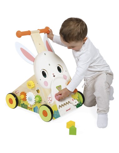 Chariot Multi-Activités Lapin en bois : Jouets à bascule, Porteurs & Chariots - Janod