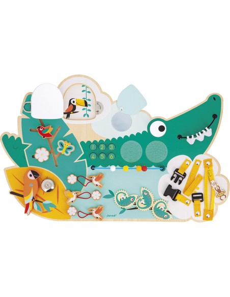 Busy-board Crocodile en bois Tropik : Bouliers, loopings & panneaux d’activités - Janod