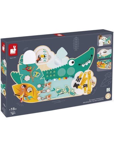 Busy-board Crocodile en bois Tropik : Bouliers, loopings & panneaux d’activités - Janod