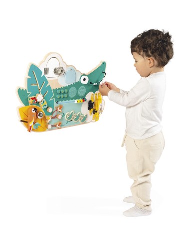 Busy-board Crocodile en bois Tropik : Bouliers, loopings & panneaux d’activités - Janod