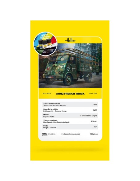 Maquette Véhicule Militaire : Starter Kit- AHN2 - Camion Français - Heller 35324