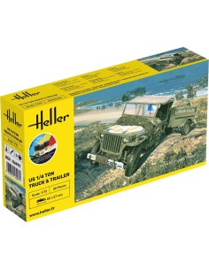 Maquette véhicule militaire - Kit de démarrage - Us 1/4 Ton Truck & Trailer 1:72 - Starter Kit - Heller 56997