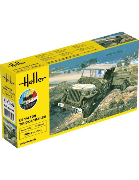 Maquette véhicule militaire - Kit de démarrage - Us 1/4 Ton Truck & Trailer 1:72 - Starter Kit - Heller 56997