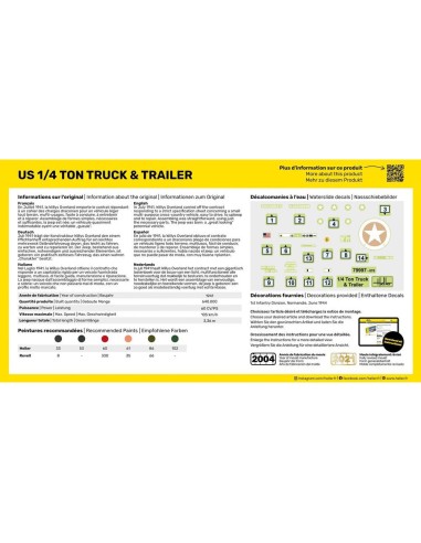 Maquette véhicule militaire - Kit de démarrage - Us 1/4 Ton Truck & Trailer 1:72 - Starter Kit - Heller 56997