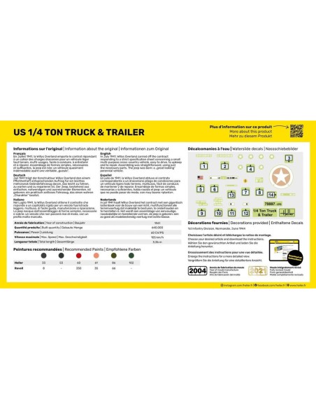 Maquette véhicule militaire - Kit de démarrage - Us 1/4 Ton Truck & Trailer 1:72 - Starter Kit - Heller 56997