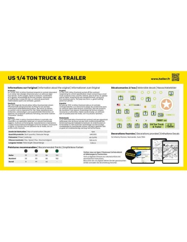 Maquette véhicule militaire - Kit de démarrage - Us 1/4 Ton Truck & Trailer 1:72 - Starter Kit - Heller 56997