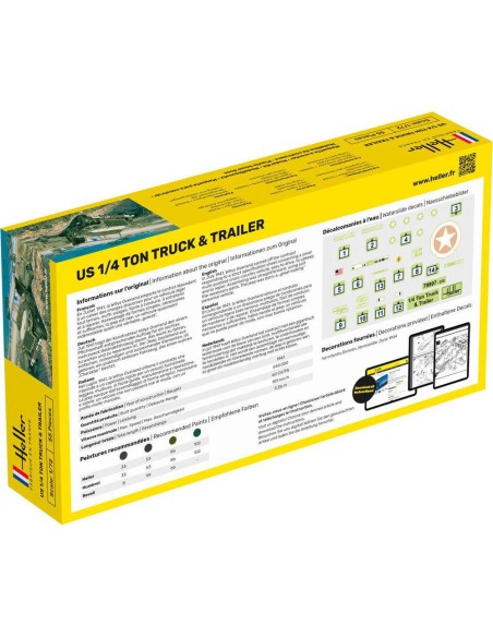 Maquette véhicule militaire - Kit de démarrage - Us 1/4 Ton Truck & Trailer 1:72 - Starter Kit - Heller 56997