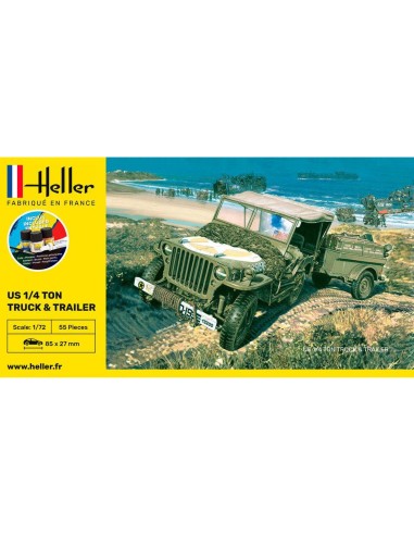 Maquette véhicule militaire - Kit de démarrage - Us 1/4 Ton Truck & Trailer 1:72 - Starter Kit - Heller 56997