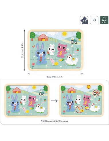 Puzzle en bois A la ferme 24 pièces : Puzzles en bois premier âge - Janod