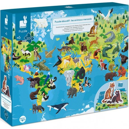 Puzzle éducatif Janod 200 pièces "Les Animaux Menacés"