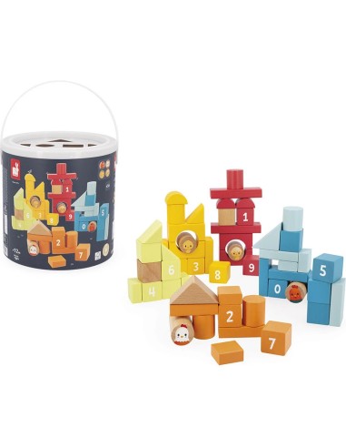 Baril de 56 blocs en bois - Ferme - Jouet en bois - Janod