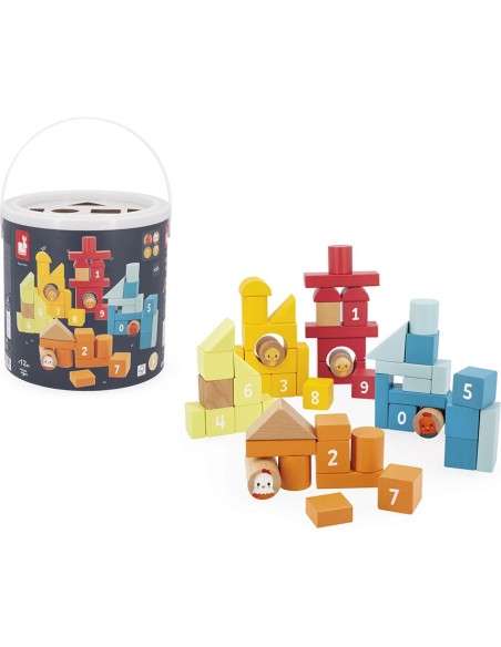 Baril de 56 blocs en bois - Ferme - Jouet en bois - Janod