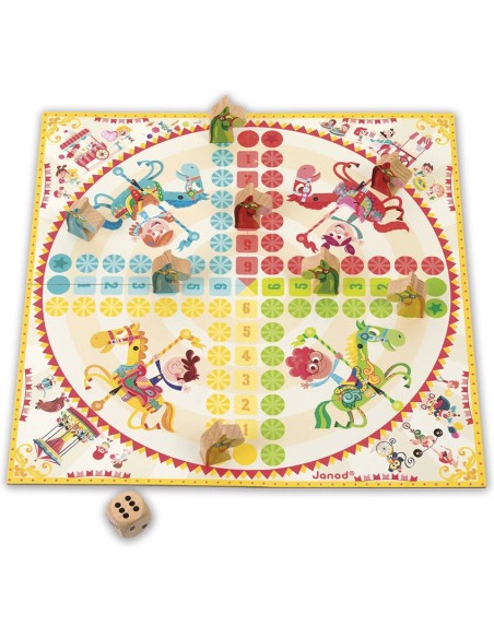 Jeux de dames et de petits chevaux carrousel - bois et carton - : Jeux de parcours - Janod