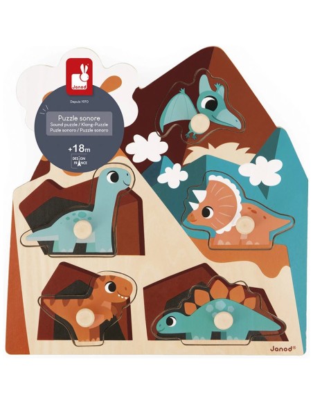 Puzzle Sonore Dino 5 pièces : Puzzles en bois premier âge - Janod