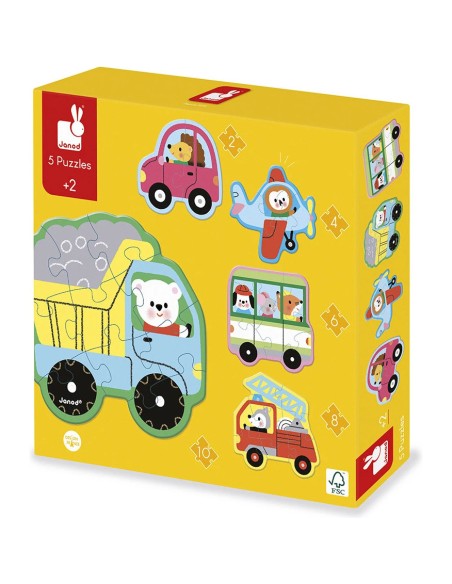 5 Puzzles évolutifs Véhicules : Puzzles en bois premier âge - Janod