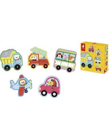 5 Puzzles évolutifs Véhicules : Puzzles en bois premier âge - Janod