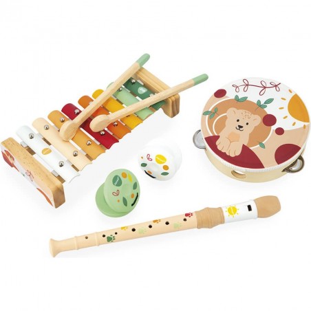 5 instruments en bois - Castagnettes, flute, Xylo, Tambourin - Sunshine - Janod
