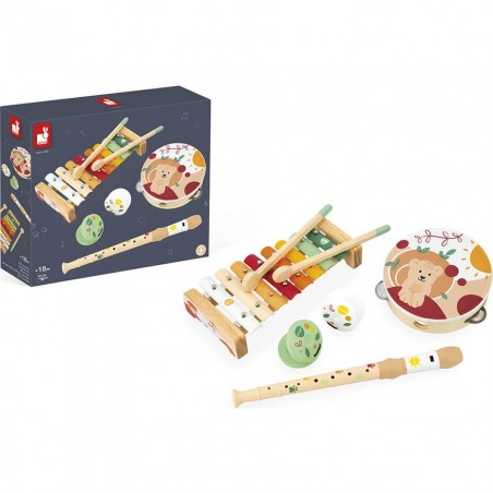 5 instruments en bois - Castagnettes, flute, Xylo, Tambourin - Sunshine - Janod