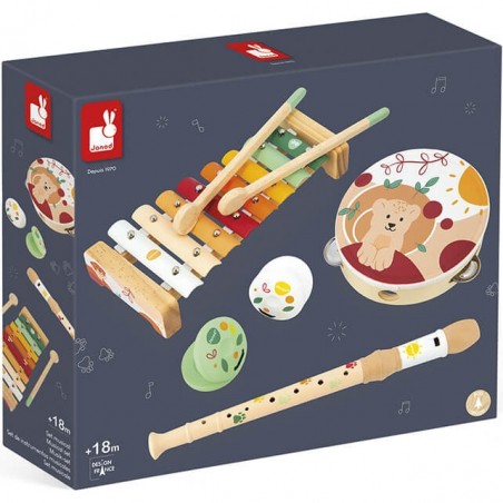 5 instruments en bois - Castagnettes, flute, Xylo, Tambourin - Sunshine - Janod