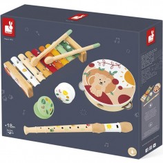 Janod Set Musical 5 Instruments En Bois - Xylophone, Tambourin, Flûte - Jouet Éveil 18 Mois - J07615